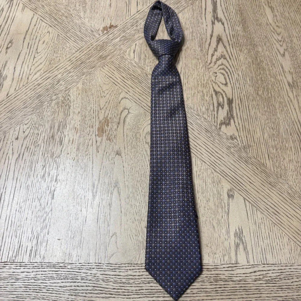Saddlebred Mens‎ Brown Blue Silk Blend Geometric Pattern Necktie Formal